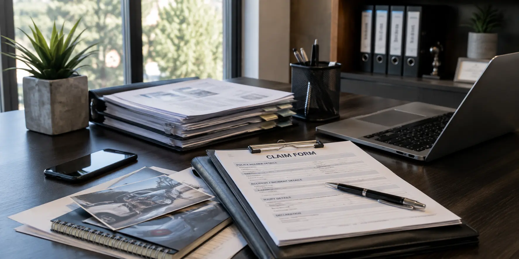 Hands reviewing a printed insurance policy on a desk